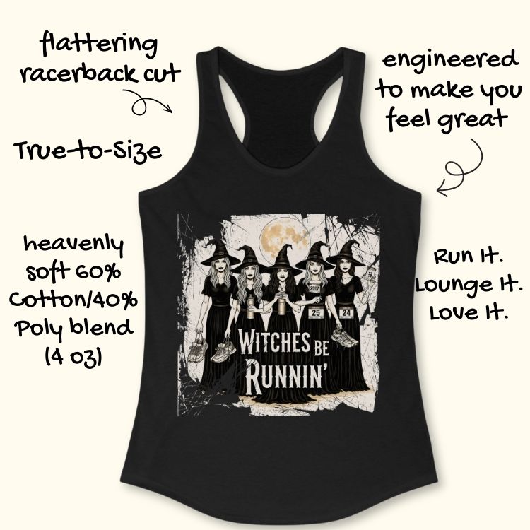 Black racerback tank top with a screen print of five cartoon witches in black dresses and pointed hats holding running shoes and water bottles with race bibs against a full moon backdrop and the phrase Witches Be Runnin