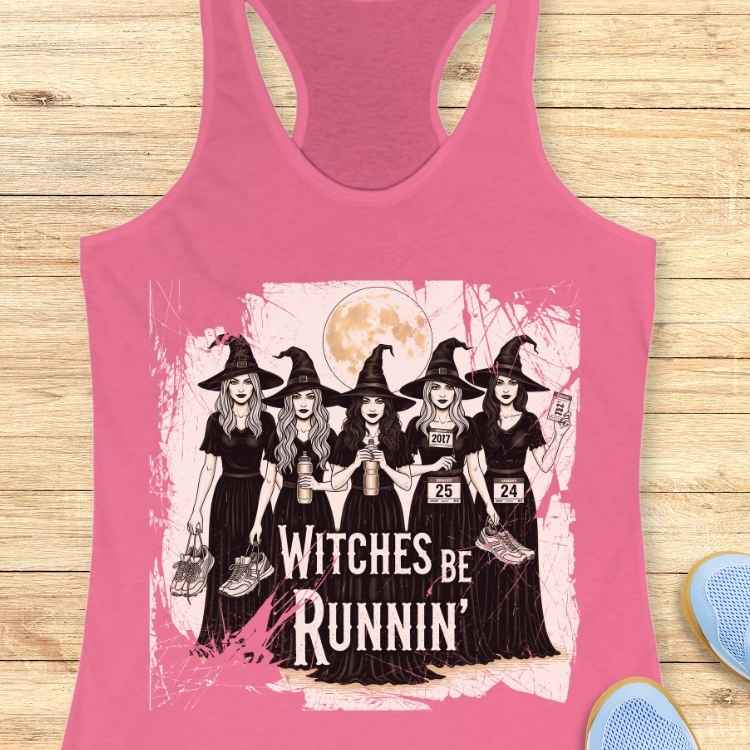 Graphic design on a pink tank top features five cartoon witches in black gowns and pointed hats participating in a nighttime race under a full moon, some holding race bibs with numbers 2017 and 25, and the phrase Witches Be Runnin prominently displayed