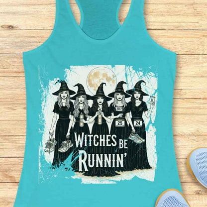 Graphic design on a turquoise tank top depicting five cartoon witches in black dresses and pointy hats running under a full moon, holding athletic shoes and race bibs, above the text Witches Be Runnin
