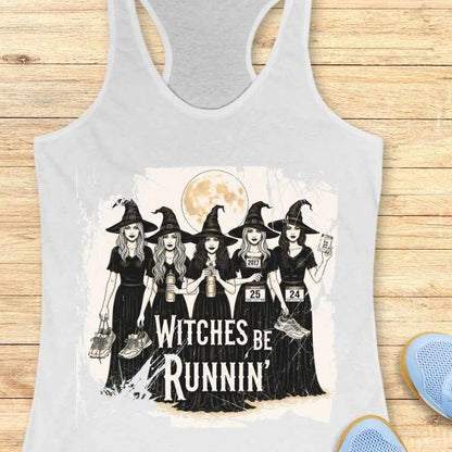 Graphic print on tank top depicting five cartoon witches in black dresses and pointed hats holding running shoes and water bottles with race bibs for a run, set against a full moon and featuring the text Witches Be Runnin'