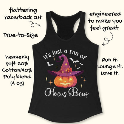 Black tank top with Halloween design featuring a pumpkin and witch hat on a wooden surface.