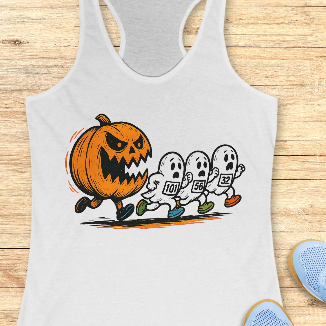 white racerback tank top featuring a Halloween running graphic of an angry orange jack-o'-lantern chasing three white ghosts wearing numbered race bibs 101 56 and 32 with colorful blue green and orange running shoes displayed on a light wooden background alongside white earbuds and light blue sneakers