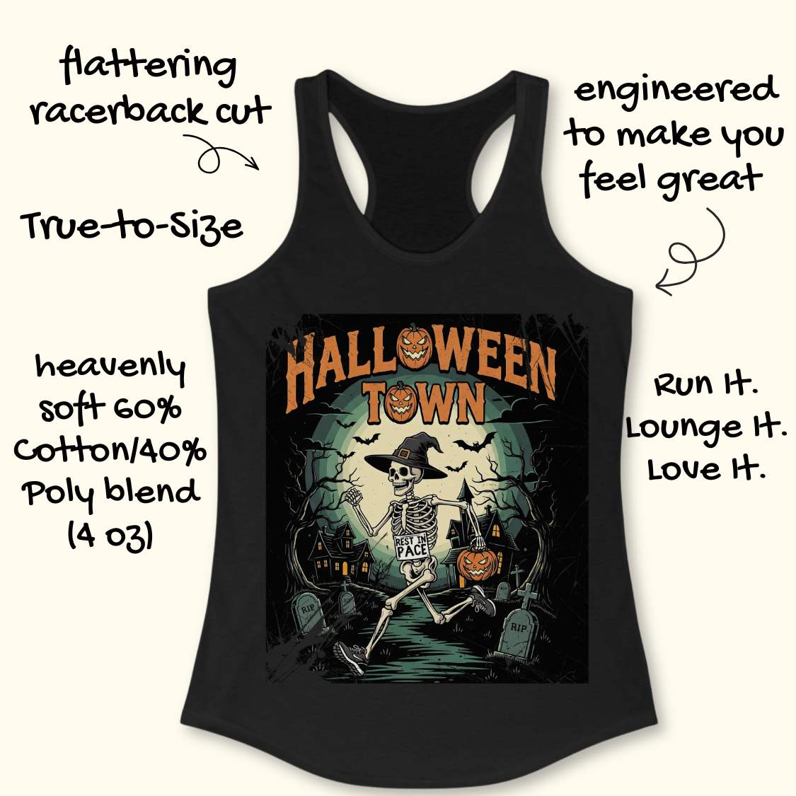 Black tank top with Halloween-themed design and a text ' Halloween town', on a wooden surface