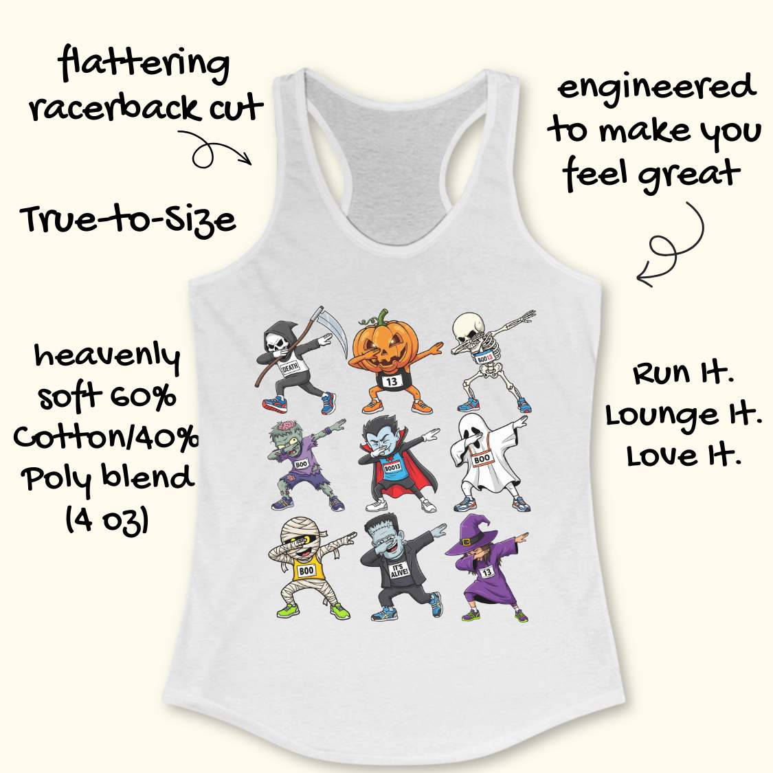 Digital illustration on a white racerback tank top showcasing nine dabbing Halloween cartoon characters including a Grim Reaper, pumpkin, skeleton, zombie, vampire, ghost, mummy, Frankenstein's monster, and a witch, many wearing race bibs like 'DEATH' or 'BOO,' displayed on a rustic wooden background with blue sneakers and white earbuds nearby