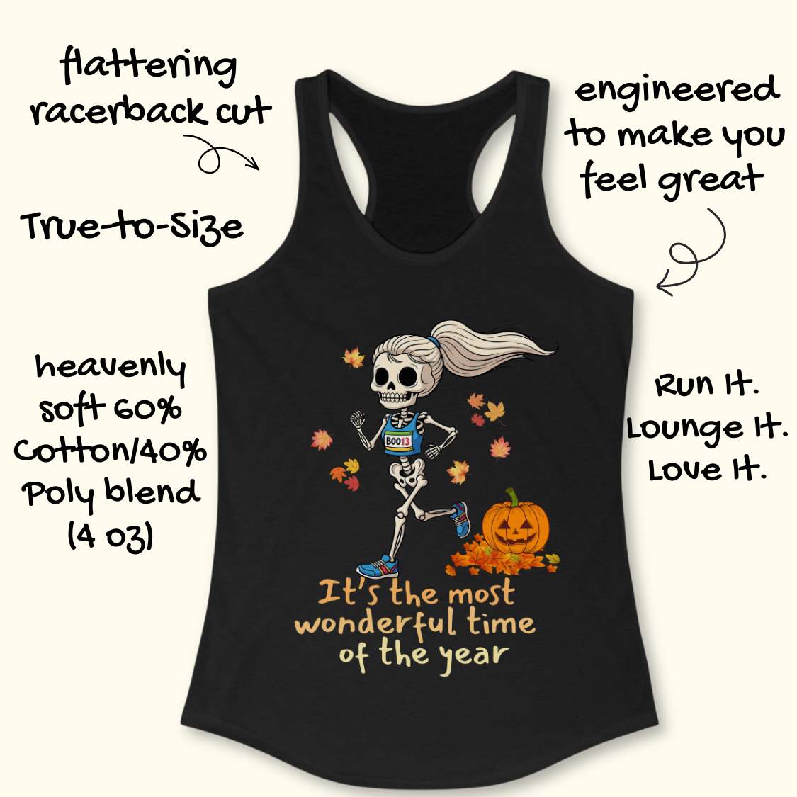 Graphic design on a black tank top features a female skeleton with a ponytail wearing a blue running bib B0013 and blue sneakers, running past a smiling jack-o'-lantern and colorful autumn leaves, with the text It's the most wonderful time of the year