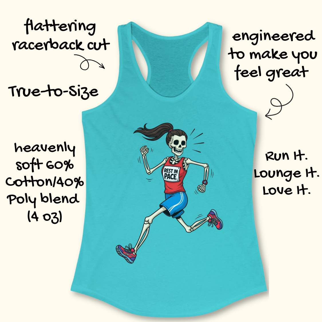 Graphic design on a blue tank top featuring a female skeleton with a ponytail running in a red 'REST IN PACE' top, blue shorts, colorful athletic shoes, and a fitness watch, laid flat on a light wood surface with white earbuds and light blue sneakers