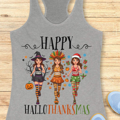 grey tank top with 'Happy HalloThanksMas' design on a wooden surface