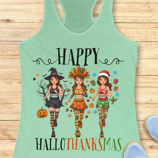Mint green tank top with 'Happy HalloThanksMas' design on a wooden surface