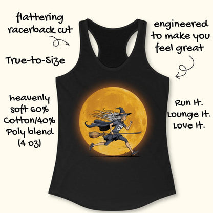Black tank top with a witch design on a wooden surface