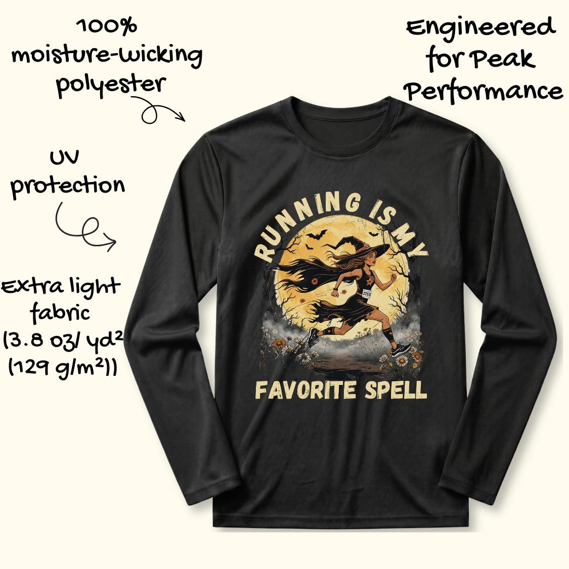A black long-sleeve performance t-shirt with a graphic of a witch riding a broom cart against a full moon, with text overlays highlighting its moisture-wicking polyester, UV protection, and peak performance capabilities.