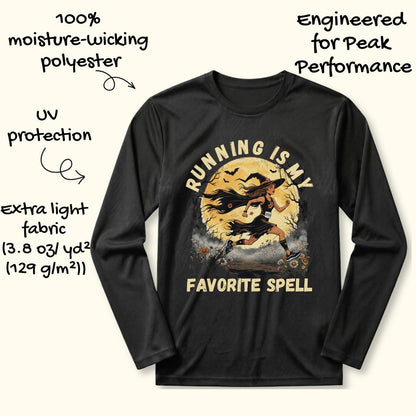 A black long-sleeve performance t-shirt with a graphic of a witch riding a broom cart against a full moon, with text overlays highlighting its moisture-wicking polyester, UV protection, and peak performance capabilities.