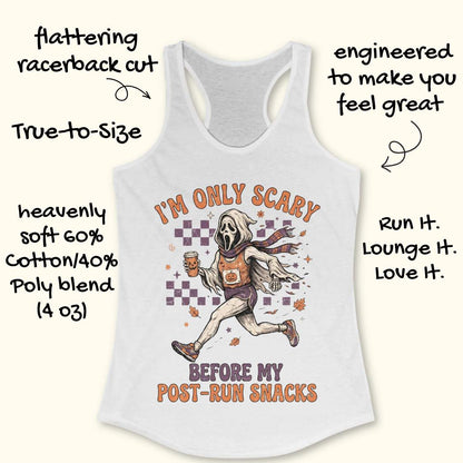 A white racerback tank top with a graphic of a ghost in a white mask running while holding an iced coffee, surrounded by text overlays describing the product features and slogan 'I'M ONLY SCARY BEFORE MY POST-RUN SNACKS'.