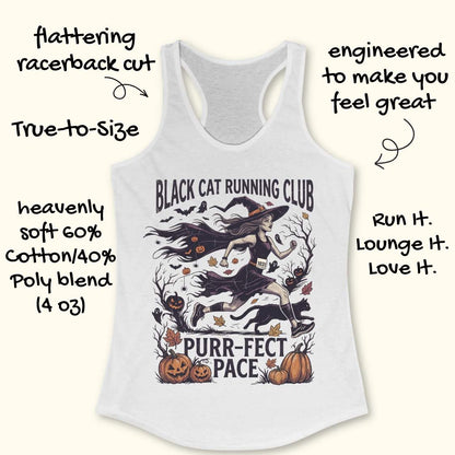 A white racerback tank top with a Halloween-themed witch graphic and text reading 'Black Cat Running Club' and 'Purr-Fect Pace,' shown on a light beige background with decorative handwritten callouts around it.