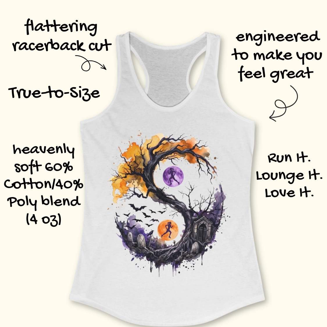 white tank top with Halloween ying and yang graphic design , on a wooden surface