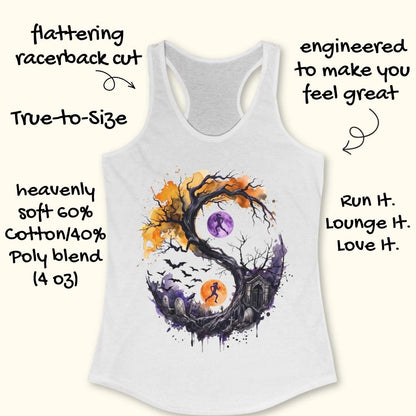 white tank top with Halloween ying and yang graphic design , on a wooden surface