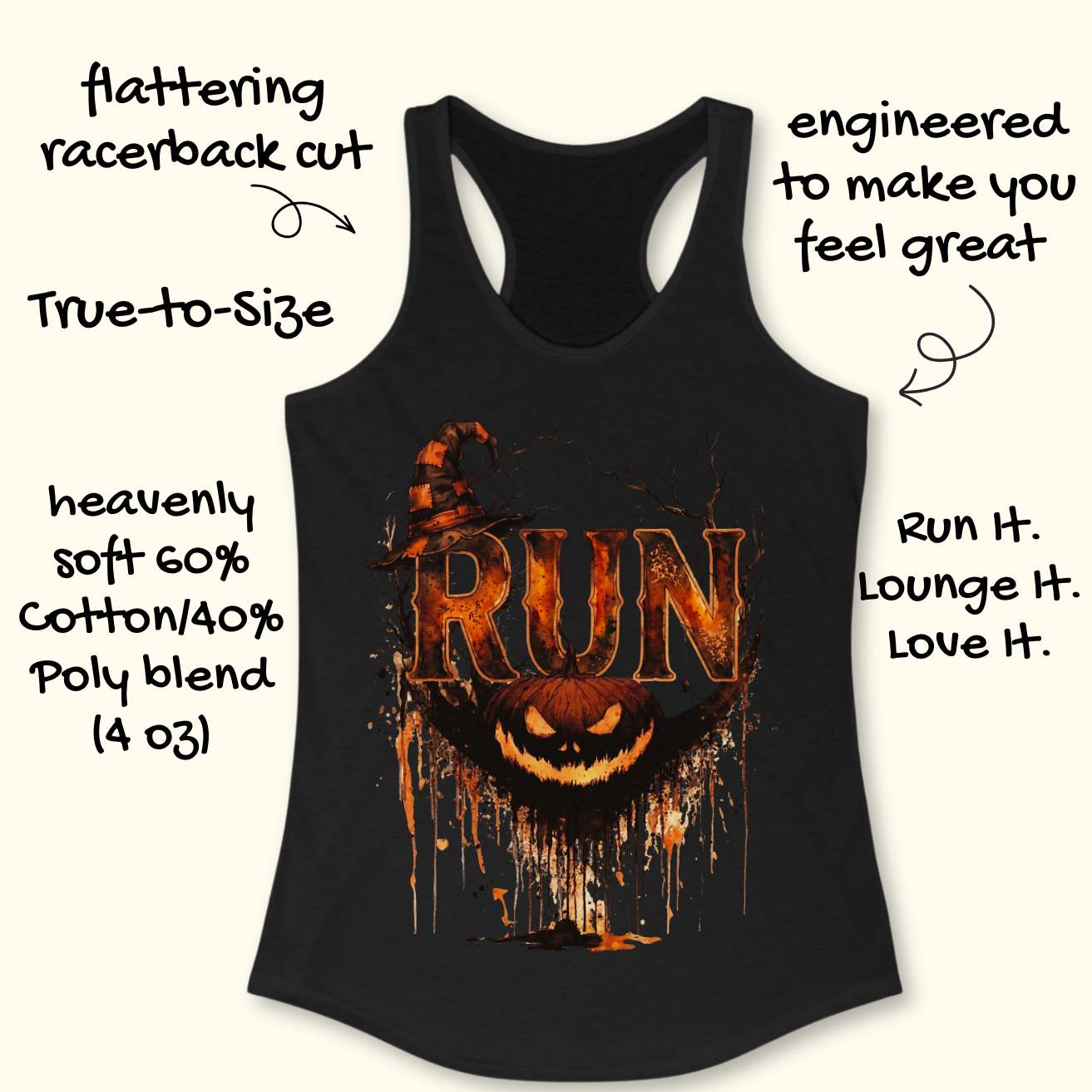 black racerback tank top featuring a Halloween-themed running design. The graphic displays the word “RUN” in large distressed orange and black letters, topped with a weathered witch hat. Behind the text are bare tree branches, a spider web, and a hanging spider. A grinning jack-o'-lantern with dripping black and orange paint effects sits below the lettering, creating a spooky autumn aesthetic. The tank top is displayed on a light wooden background with partial blue running shoes visible in the corners.