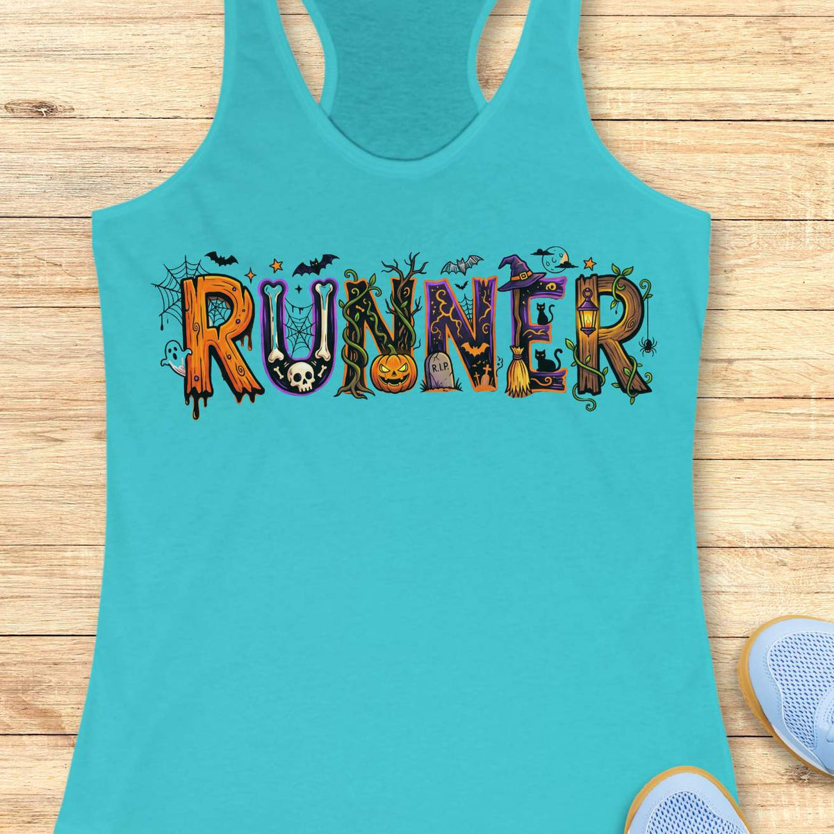 blue racerback tank top featuring the word “RUNNER” in large Halloween-themed decorative letters. Each letter is uniquely styled with spooky elements including spider webs, bats, a skull, twisting vines, a jack-o'-lantern, a gravestone marked “R.I.P.,” a witch’s hat, a broomstick, black cats, a lantern, a ghost, and a full moon. The colorful orange, purple, black, and green artwork creates a fun and festive Halloween design for runners who love spooky season.