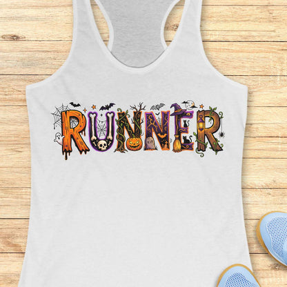 White racerback tank top featuring the word “RUNNER” in large Halloween-themed decorative letters. Each letter is uniquely styled with spooky elements including spider webs, bats, a skull, twisting vines, a jack-o'-lantern, a gravestone marked “R.I.P.,” a witch’s hat, a broomstick, black cats, a lantern, a ghost, and a full moon. The colorful orange, purple, black, and green artwork creates a fun and festive Halloween design for runners who love spooky season.