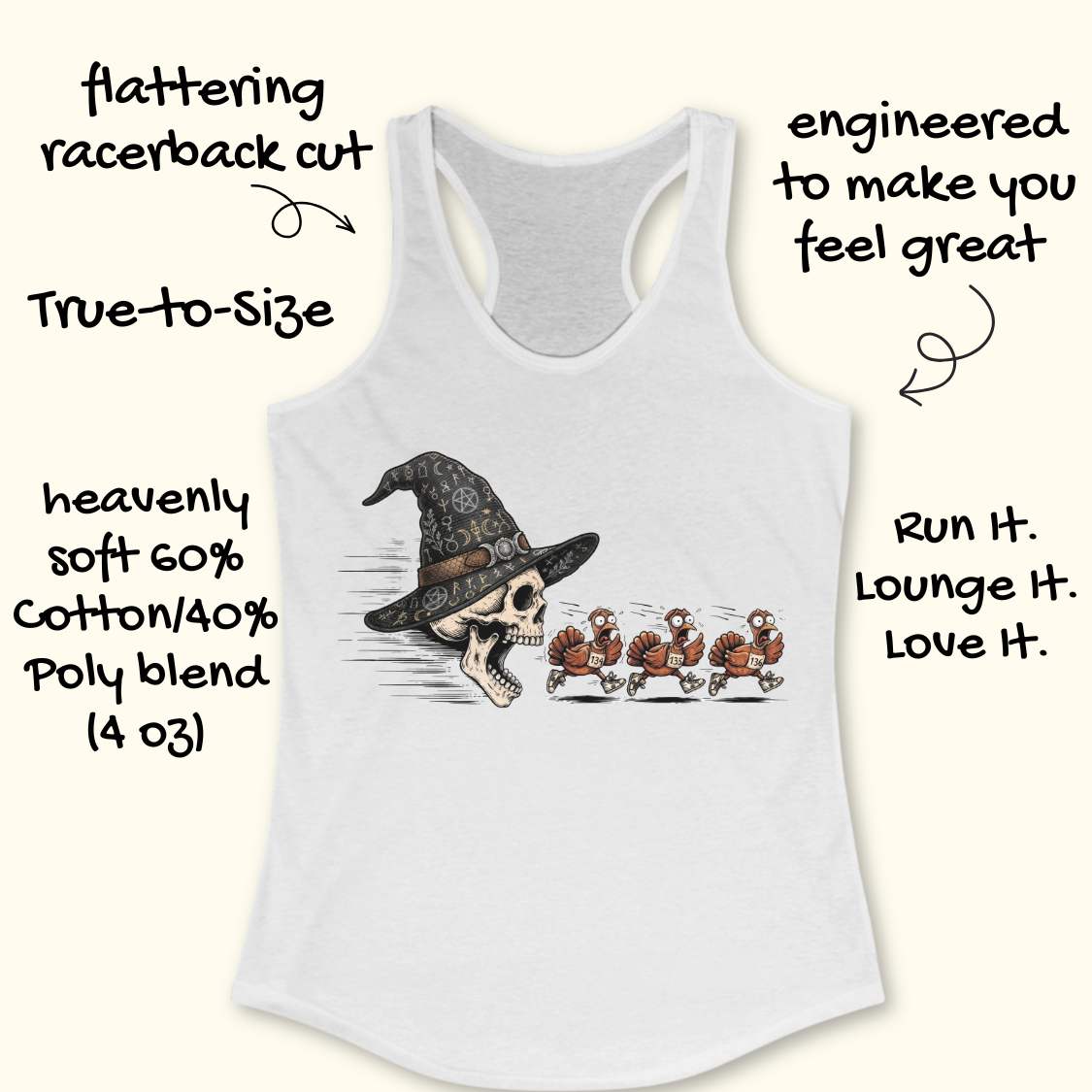 White racerback tank top with a graphic of a skull wearing a witch hat and walking behind three turkeys, surrounded by hand-written marketing text on a light cream background.