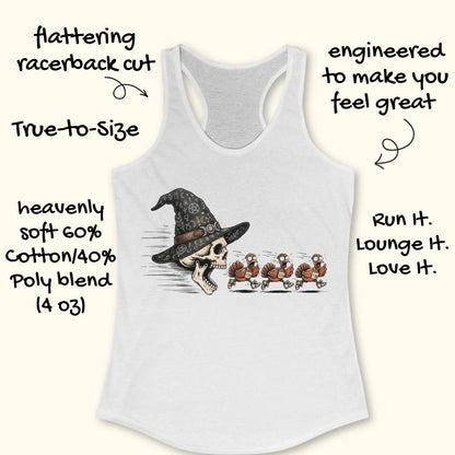 White racerback tank top with a graphic of a skull wearing a witch hat and walking behind three turkeys, surrounded by hand-written marketing text on a light cream background.