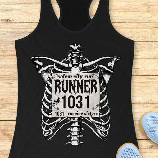 Funny Halloween running tank top featuring a detailed black-and-white skeleton ribcage with a vintage race bib pinned across the chest. The bib reads “Salem City Run,” “RUNNER 1031,” and “1031 Running Sisters,” with spooky gothic typography and a small witch silhouette on a broomstick. The design is printed on a black racerback tank top and combines witchy Salem vibes, Halloween aesthetics, and women's running culture.