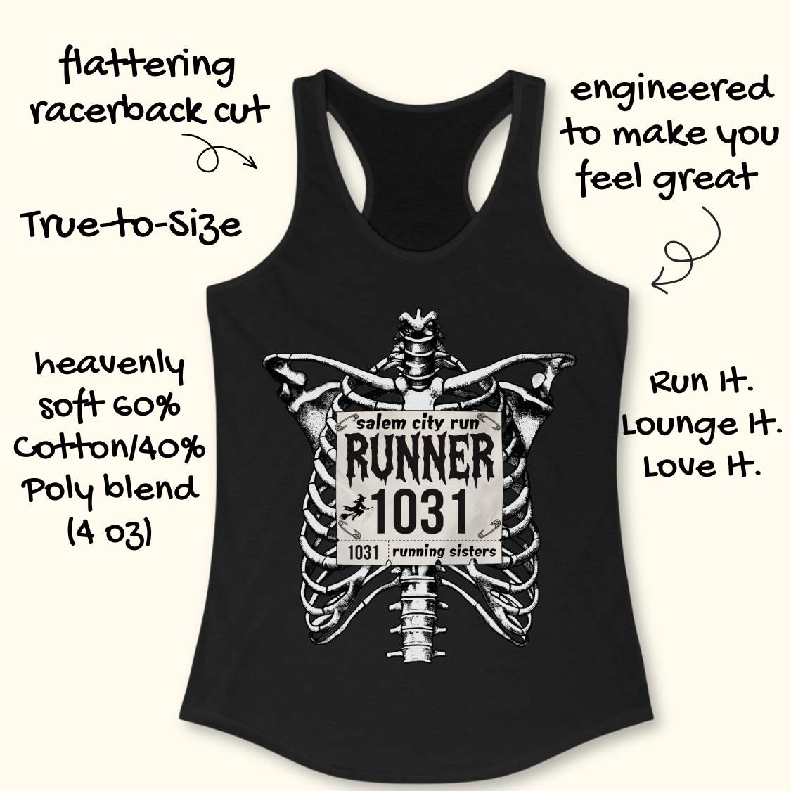 Funny Halloween running black tank top featuring a detailed black-and-white skeleton ribcage with a vintage race bib pinned across the chest. The bib reads “Salem City Run,” “RUNNER 1031,” and “1031 Running Sisters,” with spooky gothic typography and a small witch silhouette on a broomstick. The design is printed on a black racerback tank top and combines witchy Salem vibes, Halloween aesthetics, and women's running culture.