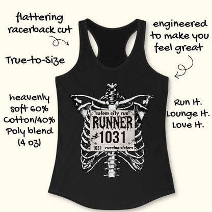 Funny Halloween running black tank top featuring a detailed black-and-white skeleton ribcage with a vintage race bib pinned across the chest. The bib reads “Salem City Run,” “RUNNER 1031,” and “1031 Running Sisters,” with spooky gothic typography and a small witch silhouette on a broomstick. The design is printed on a black racerback tank top and combines witchy Salem vibes, Halloween aesthetics, and women's running culture.