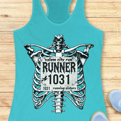 Funny Halloween running blue tank top featuring a detailed black-and-white skeleton ribcage with a vintage race bib pinned across the chest. The bib reads “Salem City Run,” “RUNNER 1031,” and “1031 Running Sisters,” with spooky gothic typography and a small witch silhouette on a broomstick. The design is printed on a black racerback tank top and combines witchy Salem vibes, Halloween aesthetics, and women's running culture.