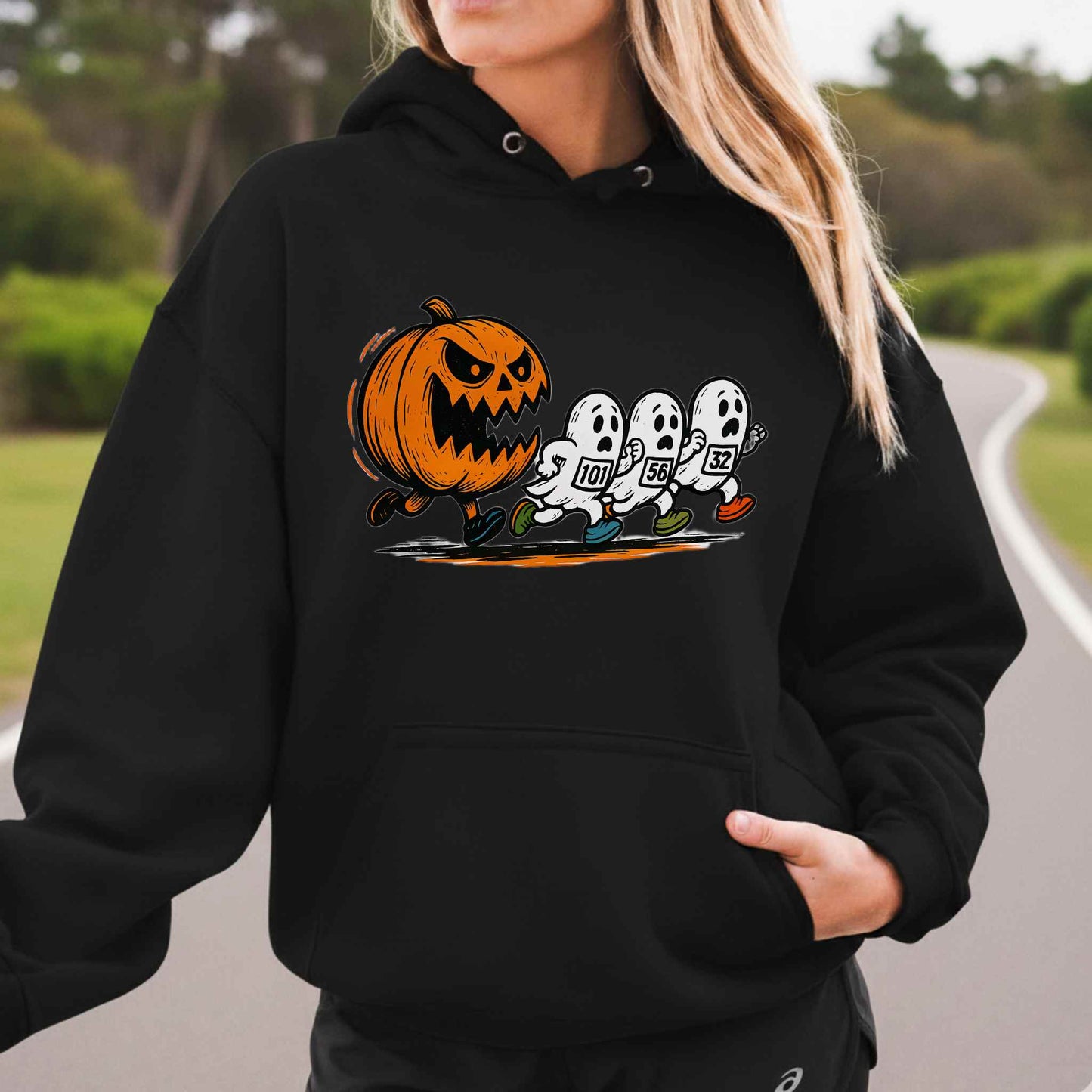 Halloween Funny Running Hoodie Sweatshirt for Women Pumpkin and Ghosts