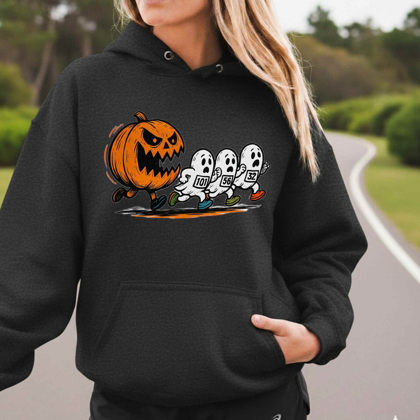 Halloween Funny Running Hoodie Sweatshirt for Women Pumpkin and Ghosts