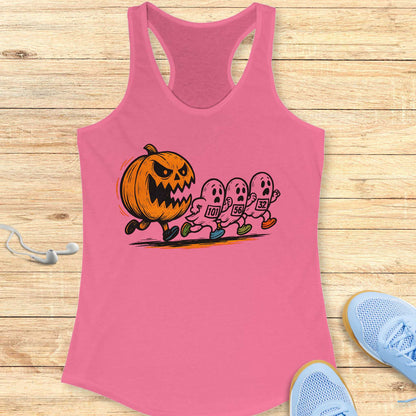 Halloween Funny Running Racerback Tank Top for Women Pumpkin and Ghosts