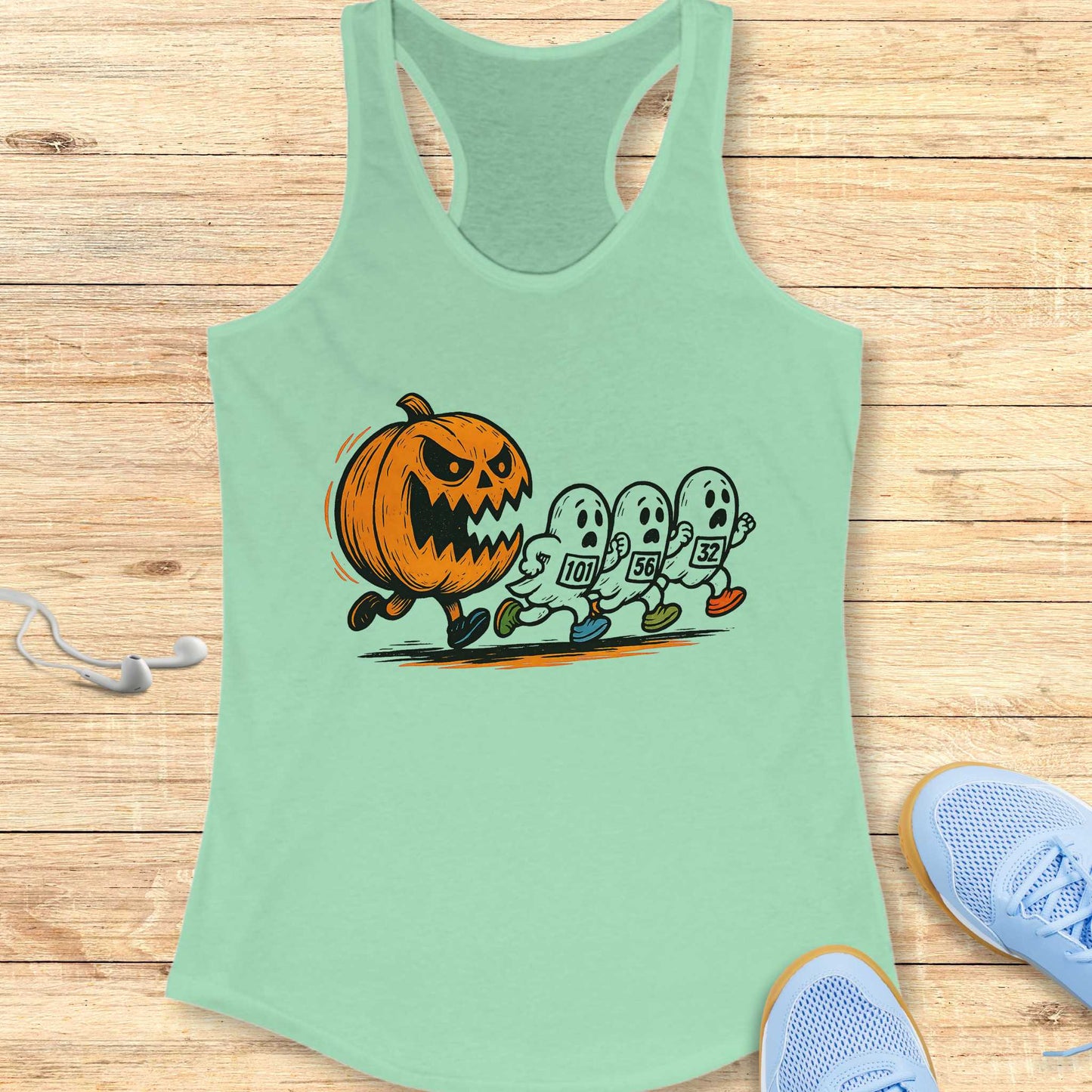 Halloween Funny Running Racerback Tank Top for Women Pumpkin and Ghosts