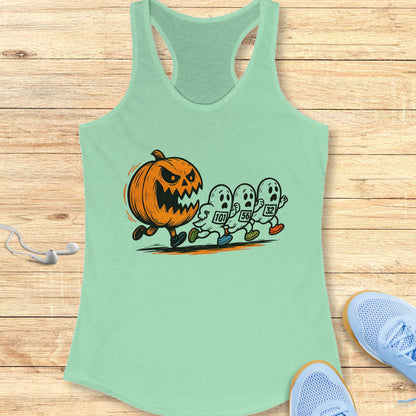 Halloween Funny Running Racerback Tank Top for Women Pumpkin and Ghosts