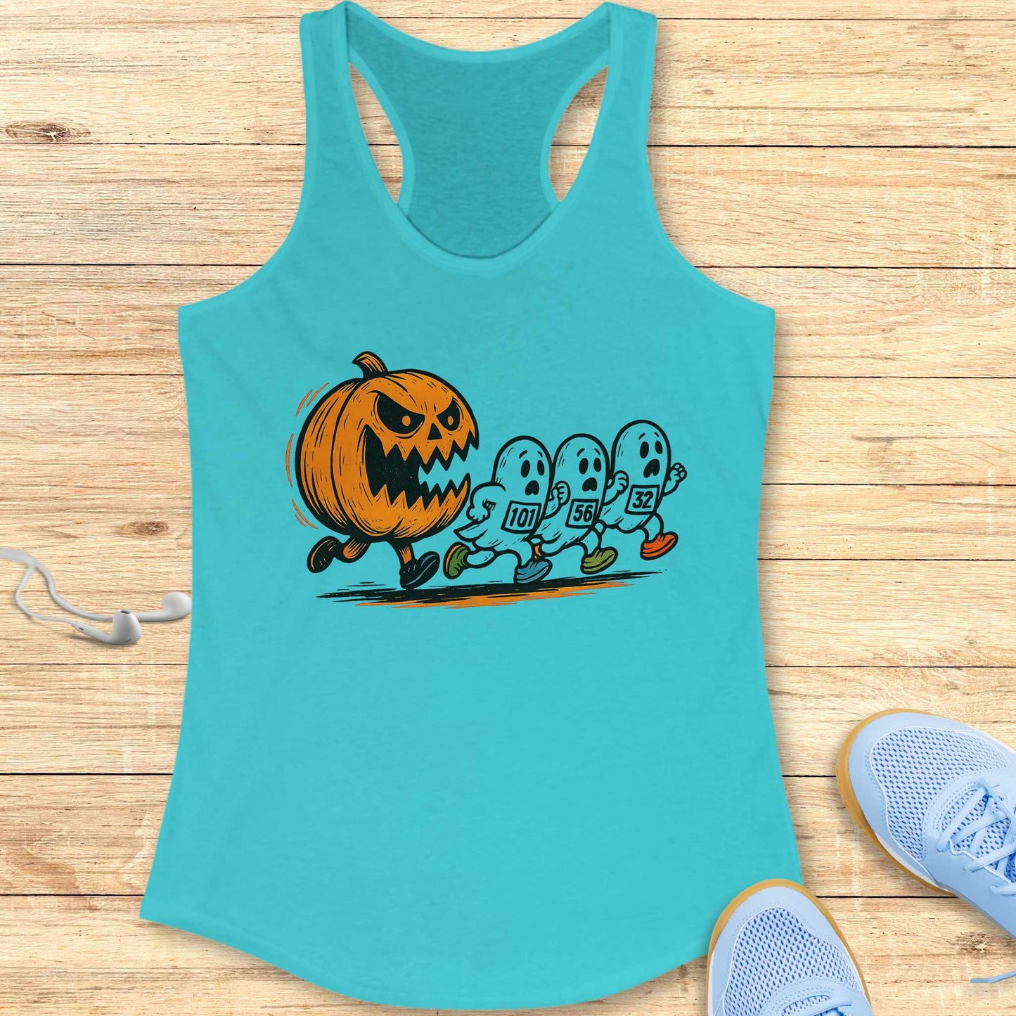 Halloween Funny Running Racerback Tank Top for Women Pumpkin and Ghosts