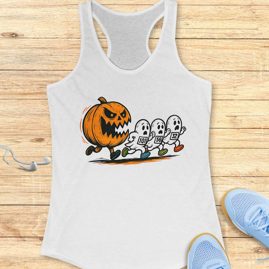 Halloween Funny Running Racerback Tank Top for Women Pumpkin and Ghosts