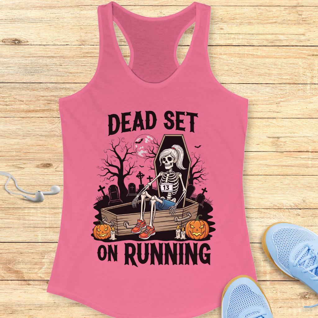 Halloween Funny Running Racerback Tank Top for Women Dead Set On Running
