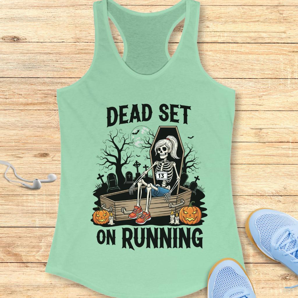 Halloween Funny Running Racerback Tank Top for Women Dead Set On Running