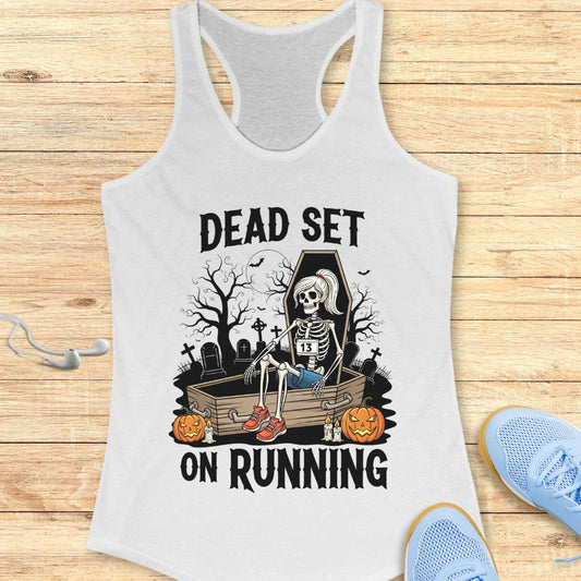 Halloween Funny Running Racerback Tank Top for Women Dead Set On Running
