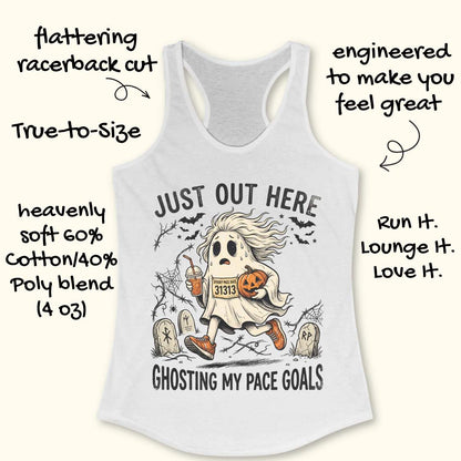 white Halloween tank top with an image of a running ghost and text 'Just out here ghosting my pace goals', on a wooden surface