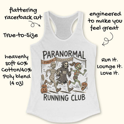 white Halloween tank top with an image of a running zombie, mummy and reaper,  and text 'Paranormal running club', on a wooden surface