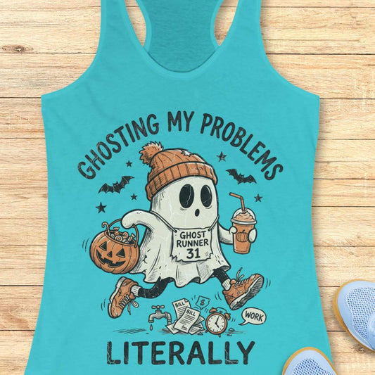 blue Halloween tank top with an image of a running ghost and text 'Ghosting my problems literally', on a wooden surface