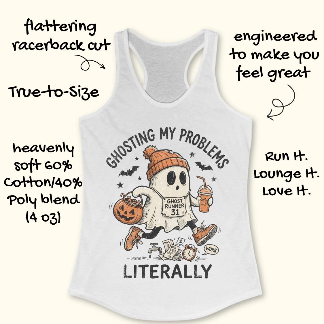 blue Halloween tank top with an image of a running ghost and text 'Ghosting my problems literally', on a wooden surface