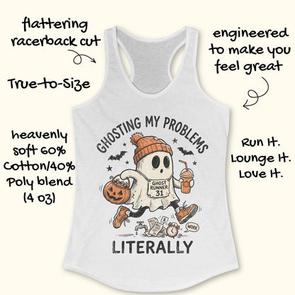 blue Halloween tank top with an image of a running ghost and text 'Ghosting my problems literally', on a wooden surface