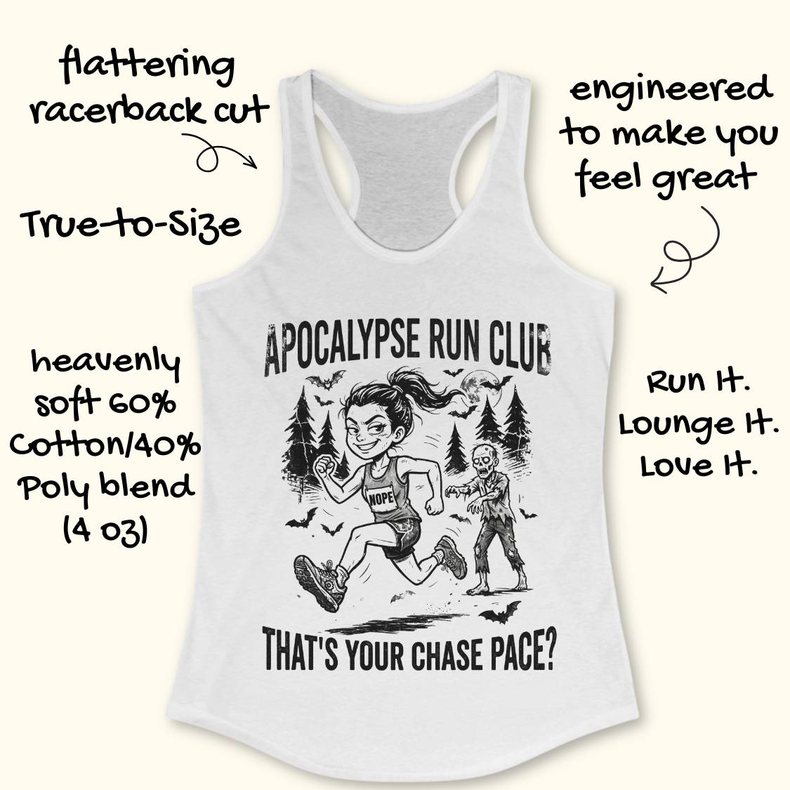 A white racerback tank top with a black graphic of a woman running and the text 'APOCALYPSE RUN CLUB' and 'THAT'S YOUR CHASE PACE?' on a light cream background, surrounded by handwritten marketing callouts.