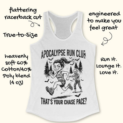 A white racerback tank top with a black graphic of a woman running and the text 'APOCALYPSE RUN CLUB' and 'THAT'S YOUR CHASE PACE?' on a light cream background, surrounded by handwritten marketing callouts.
