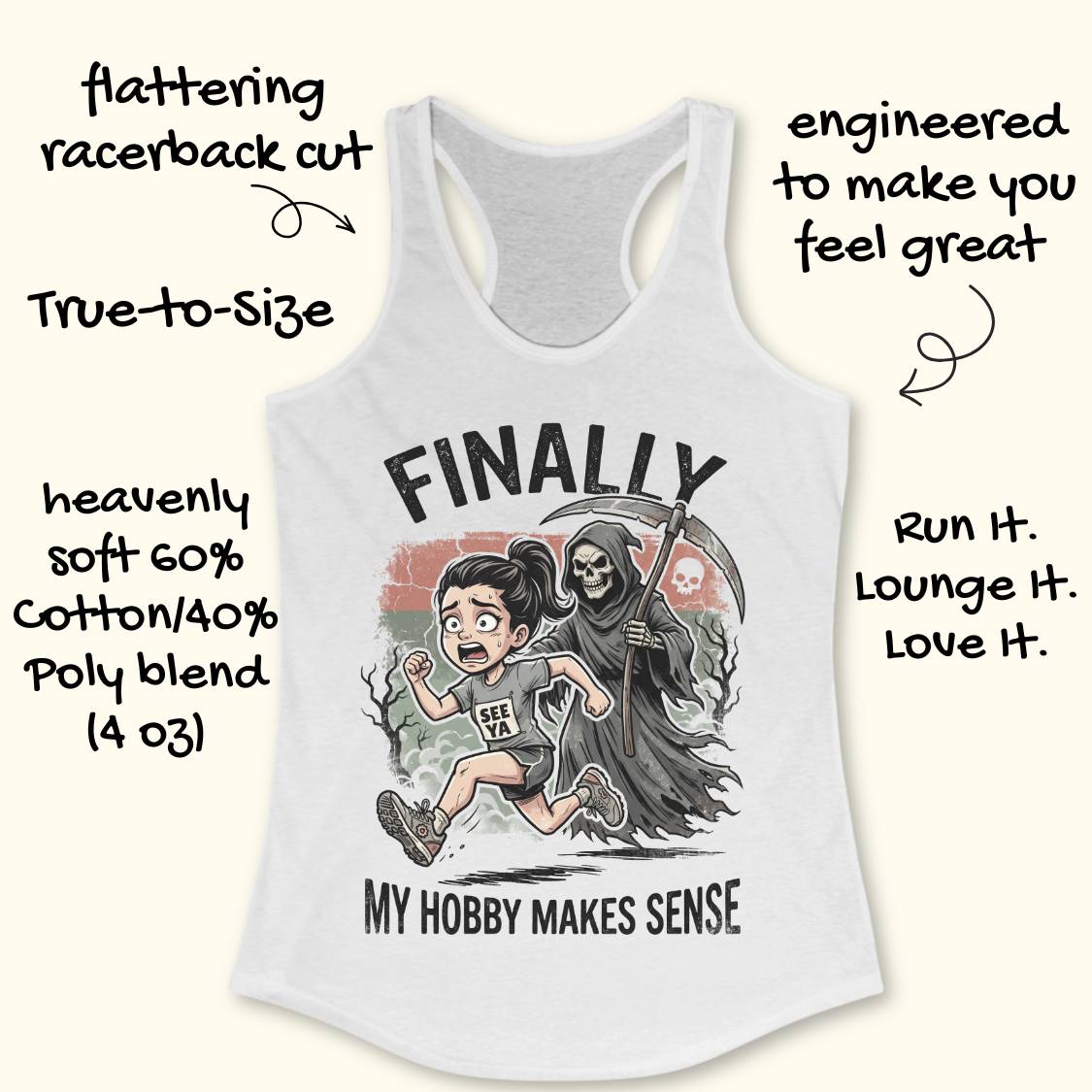 A white racerback tank top with a graphic print of a girl running and the Grim Reaper, surrounded by promotional text callouts on a light beige background.