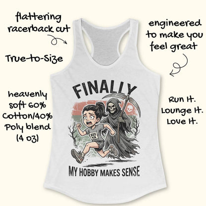 A white racerback tank top with a graphic print of a girl running and the Grim Reaper, surrounded by promotional text callouts on a light beige background.