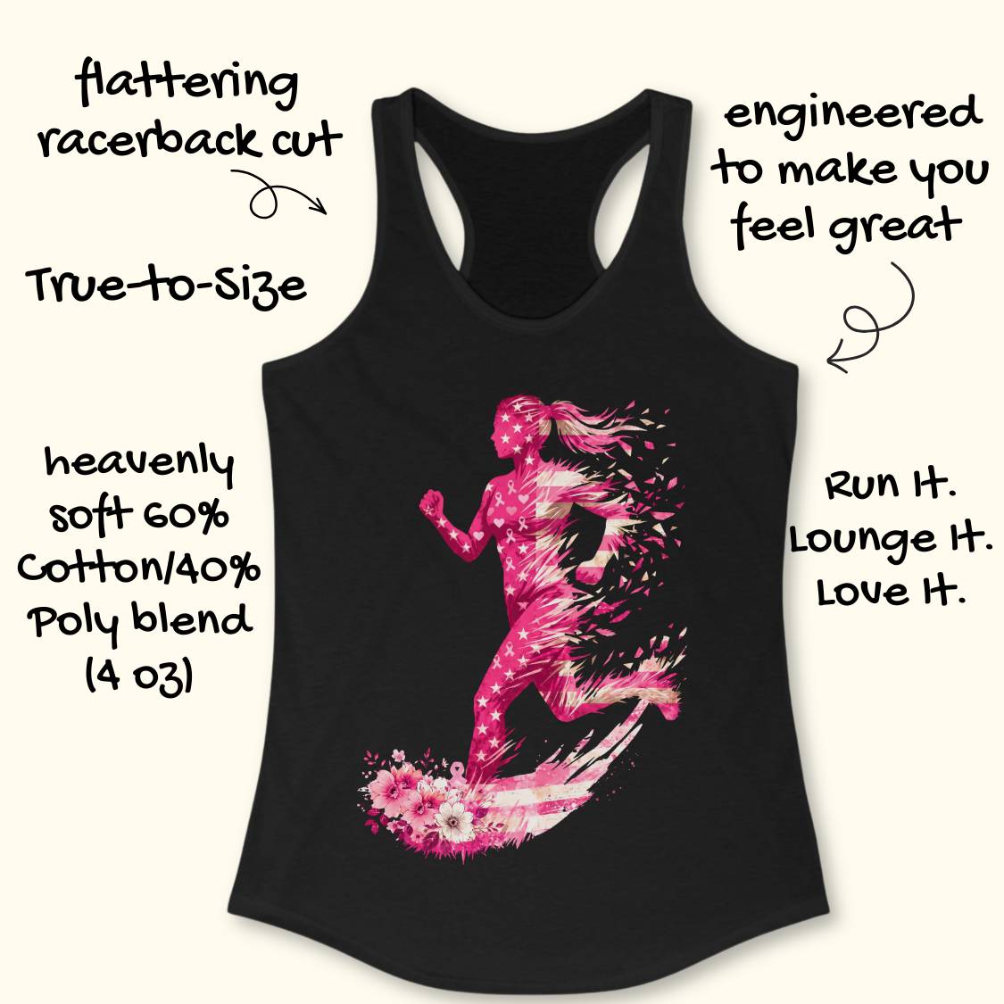 Black racerback tank top with a pink and white running woman graphic on the front, shown on a light beige background with decorative text callouts around it.