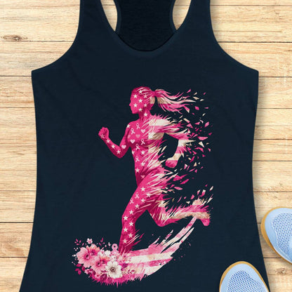 A navy racerback tank top laid flat on a light wood surface, featuring a large pink and white graphic of a running woman with stars, pink ribbons and floral details. Part of a white sneaker is visible at the bottom right.