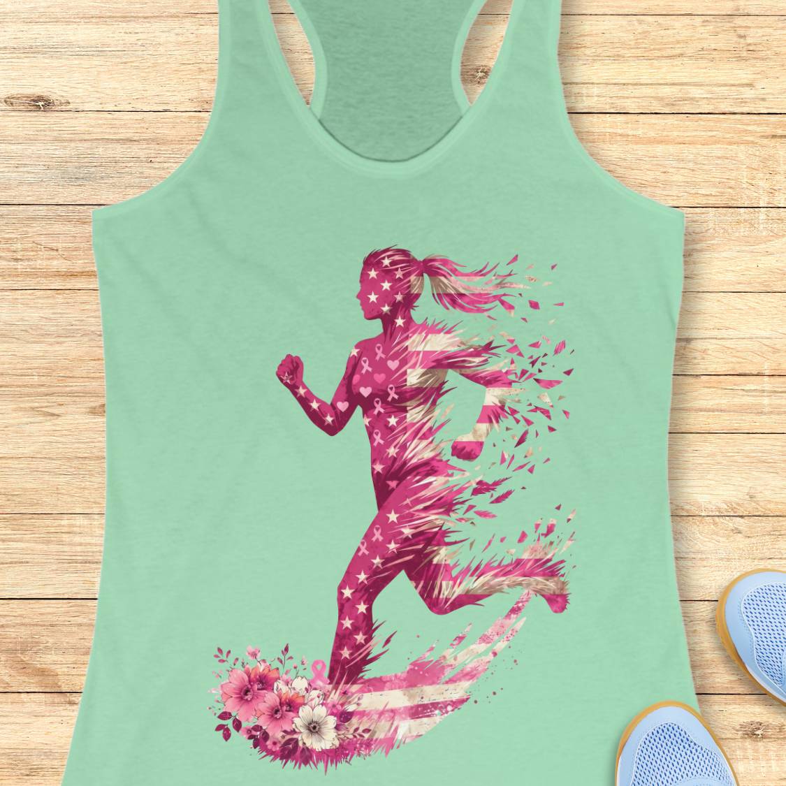 A mint green racerback tank top featuring a graphic of a running woman in a pink and white American flag pattern, and pink ribbons, styled flat on a light wood background with blue sneakers partially visible.
